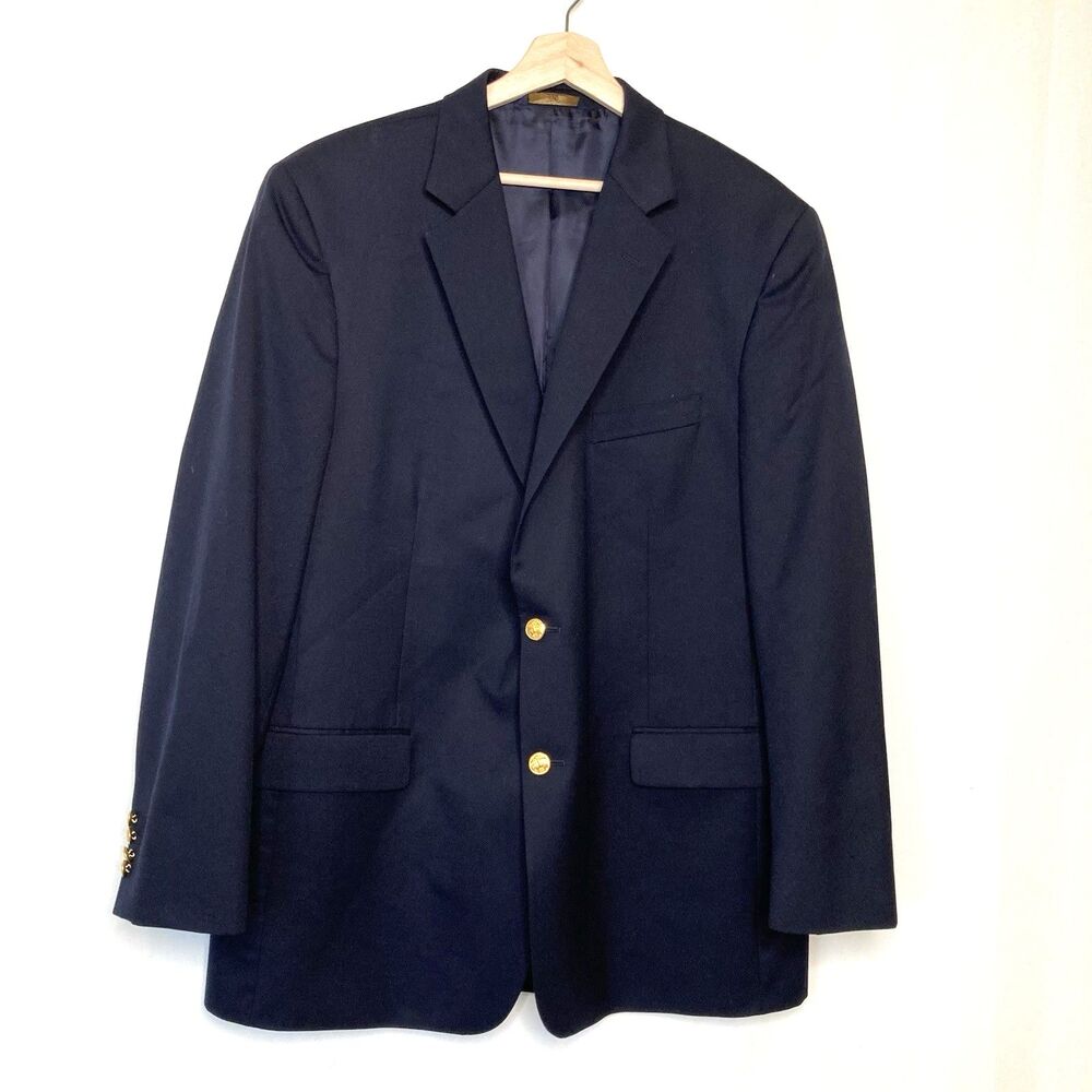 Brooks Brothers 346 100% Wool Blazer 46 Long Navy Blue Gold Buttons Sports Coat